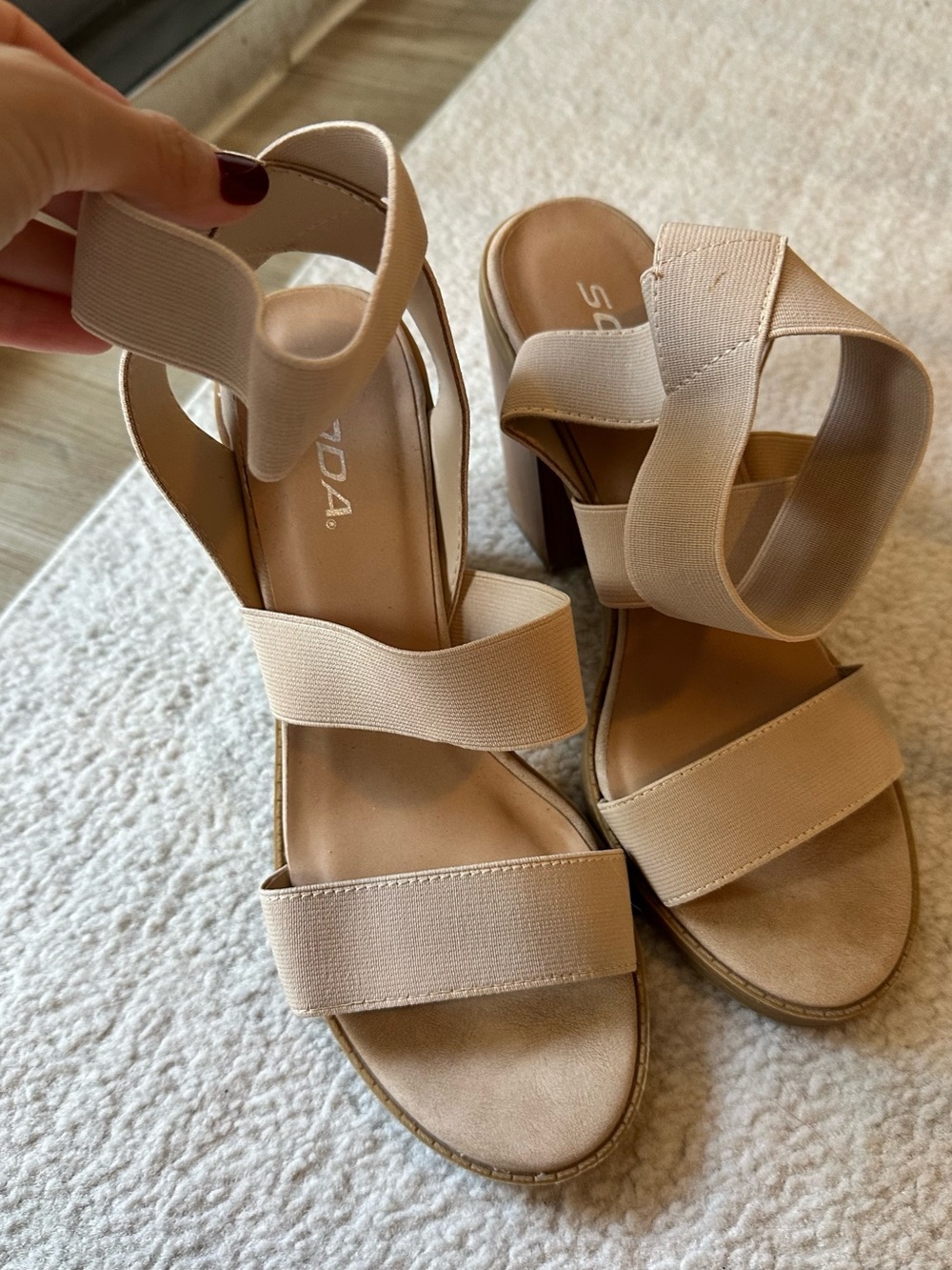 Soda Nude Elastic Strap Block Heel Sandals